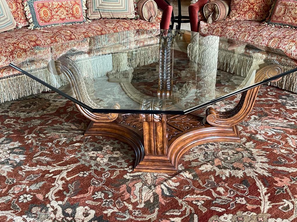 OCTOGON SHAPED GLASS TOP WOOD COFFEE TABLE: OCTOGON SHAPED GLASS TOP WOOD COFFEE TABLE-65 X 65 X 22--THIRD PARTY SHIPPING OR LOCAL PICK UP OFF-SITE AT HOME- THIS LOT IS LOCATED OFFSITE. PICKUP DAYS FOR THIS