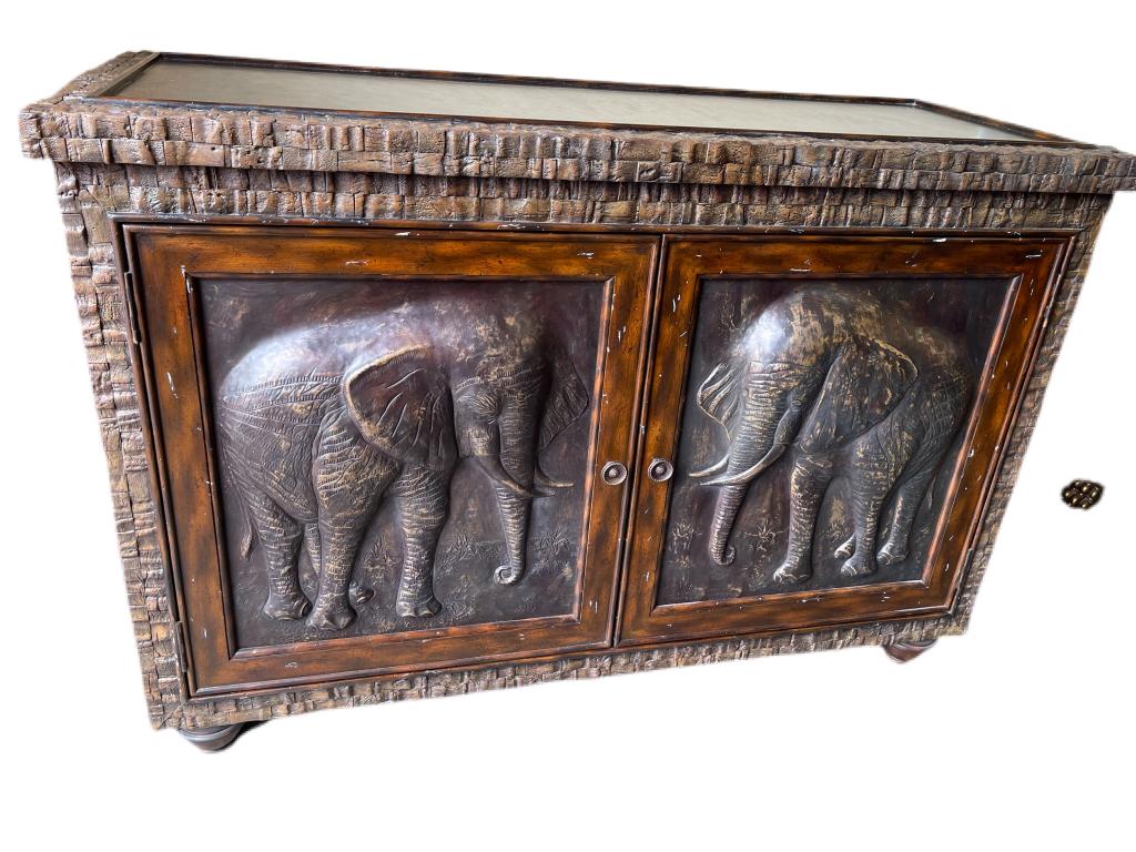MAITLAND SMITH TWO DIMENSIONAL ELEPHANT COMMODE: VINTAGE MAITLAND SMITH TWO DIMENSIONAL ELEPHANT COMMODE | TRADITIONAL COASTAL SAFARI WILDLIFE MODERN COLLECTIBLE LUXURY DESIGNER HOME DECOR FURNITURE COLLECTOR -LEATHER TOP-RAISED ELEPPHANT 2 DIMENSIO