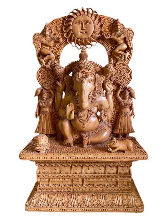 VTG GANESH HAND CARVED WOOD STATUE 19" (1 of 4)