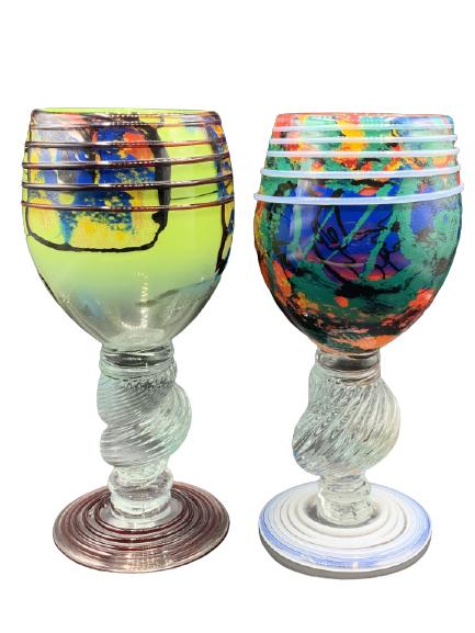 PAIR OF VTG MURANO STYLE WINE GOBLET GLASSES 9": PAIR OF VINTAGE MURANO STYLE WINE GOBLET GLASSES MID CENTURY MODERN STYLE ART GLASS BARWARE UNIQUE GLASSWARE COLLECTIBLE AMERICAN GLASS CORNING NEW YORK SHOWCASE PIECES HOME DECOR HOME STAGING IDEAS C