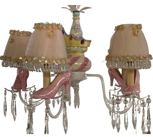 PRETTY PRINCESS 5 LIGHT SHOE CHANDELIER: PRETTY PRINCESS 5 LIGHT SHOE CHANDELIER WITH JEWEL DETAILED SHADES AND CERAMIC HIGH GLAZE PINK HIGH HEEL SHOES | KIDS BEDROOM KID ROOM LIGHTING LIGHTS LAMPS-17" X 20" X 20" PLUS CHAIN-GOOD CONDITION, 