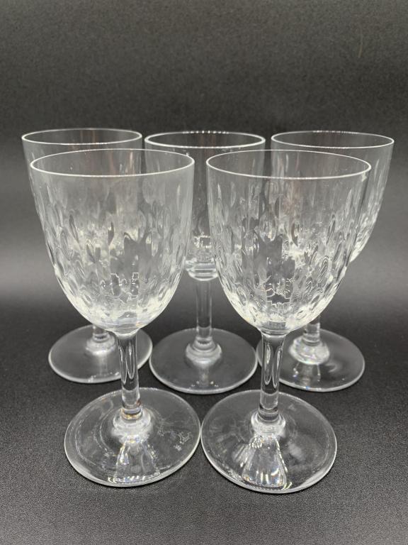 5 VTG BACCARAT ARMAGNAC WINE STEMWARE GLASSES 5": 5 VTG BACCARAT ARMAGNAC CRYSTAL GLASS WINE STEMWARE GLASSES | SHERRY WHITE WINE COCKTAILS DRINKING GLASSES COLLECTIBLE BARWARE HOME BAR DECOR 1 OF 2 -5" X 2" APPROX-NOT MARKED-VERY GOOD CONDITION, NO 