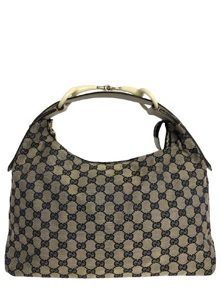 GUCCI BEIGE/NAVY MONOGRAM CANVAS HORSEBIT HOBO (1 of 4)