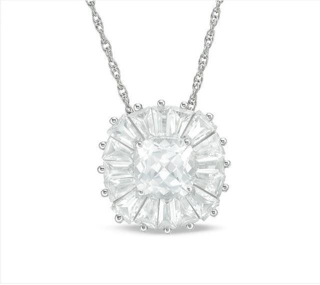 WHITE SAPPHIRE SUNBURST STERLING PENDANT: Crafted in sterling silver, features a 6.0mm cushion-cut lab-created white sapphire at the center of a starburst frame of baguette-cut created sapphires. Buffed to a brilliant luster, this pendant sus