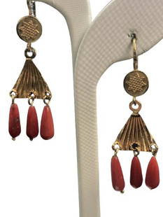 18K GOLD EARRINGS MADE IN ITALY: 18K GOLD EARRINGS MADE IN ITALY WITH CORAL (LIKE) STONES -TOTAL WEIGHT 6.5 GRAMS-SEE IMAGES FOR CONDITION-NO BRAND DETECTED