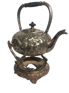 STERLING SILVER TEA POT WITH WARMER: STERLING SILVER TEA POT WITH WARMER -1654 GRAMS-SEE IMAGES FOR CONDITIONHS514