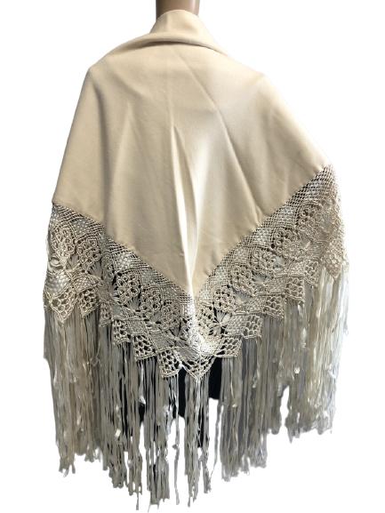 VINTAGE IVORY WOOL EMBROIDERED & FRINGED SHAWL (1 of 4)