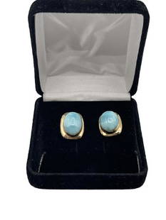 GORGEOUS 14K GOLD LARIMAR EARRINGS: LARIMAR is the most beautiful stone you can find! This pair of earrings . Stunning stones with 14k yellow gold frames. Excellent condition.- .75 inch in lengthIMAR EARRINGS-7.1 GRAMS