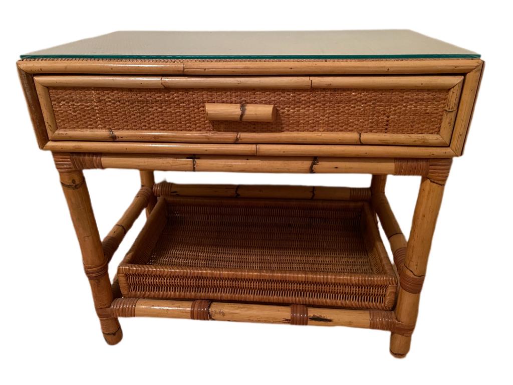 VTG BAMBOO AND RATAN SIDE GLASS TOP TABLE (1 of 1)