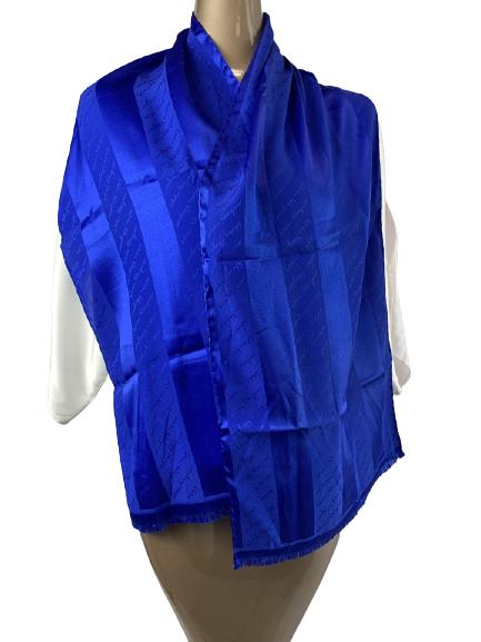 VINTAGE FERRAGAMO COBALT BLUE SILK MUFFLER 60": VINTAGE FERRAGAMO COBALT BLUE SILK MUFFLER 60" - STRIPED DAMASK PATTERN WITH FERRAGAMO LOGO- UNISEX- MADE IN ITALY- SMALL STAIN - SEE PHOTOLUXURY ACCESSORIES; COUTURE; DESIGNER; HIGH FASHION; STYLES &