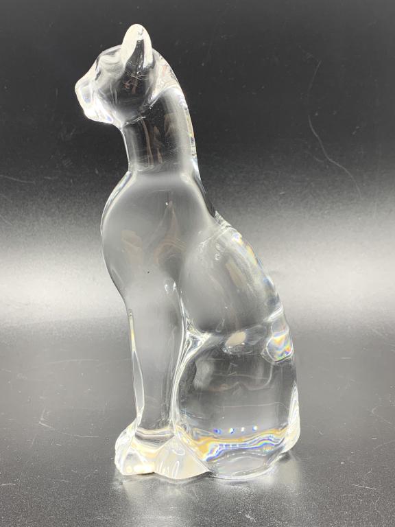 VTG DAUM FRANCE GLASS CAT FIGURINE 6": VTG DAUM FRANCE GLASS CAT FIGURINE | COLLECTIBLE GLASS ART SCULPTURES -6" X 3" X 2" APPROX- MARKED-VERY GOOD VINTAGE CONDITION-DP6221