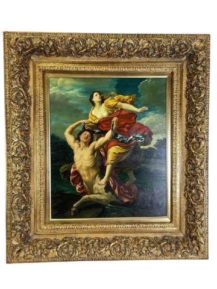 G. RENI "THE RAPE OF DEIANIRA" OIL PAINTING 38": AFTER GUIDO RENI "THE RAPE OF DEIANIRA" REPRODUCTION OIL PAINTING IN GOLD GILT FRAME DECORATIVE WALL ART -SIGNED HANSEN-38" X 33" TO FRAME-VERY GOOD CONDITION, WEAR CONSISTENT WITH AGE AND USE, SEE PH