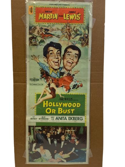 VTG "HOLLYWOOD OR BUST" ORIGINAL MOVIE POSTER 36": VINTAGE MID CENTURY DEAN MARTIN JERRY LEWIS " "HOLLYWOOD OR BUST" ORIGINAL MOVIE POSTER COLLECTIBLE HOLLYWOOD POP CULTURE MEMORABILIA WALL ART- C 1956-36" X 14" APPROX-#56 / 419 EDITION NUMBER-CONDITI
