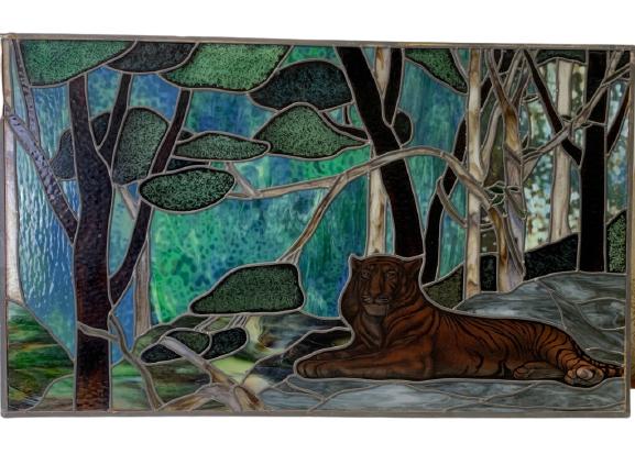 VTG HAND PAINTED LEADED GLASS WINDOW MURAL 48" (1 of 6)