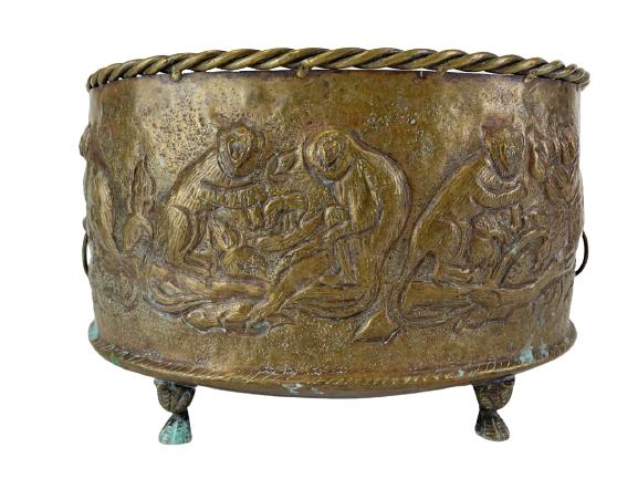 BRASS PLANTER W MONLKEY & LION HEAD HANDLES 12" (1 of 4)