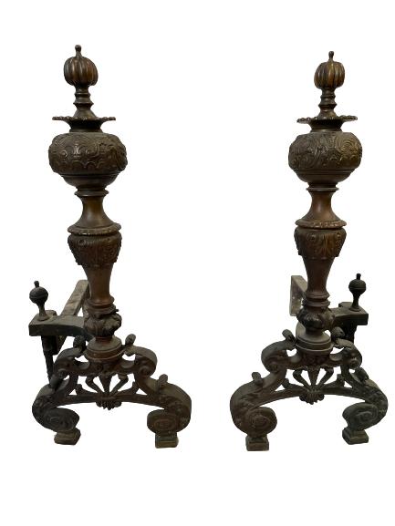 ANTIQUE FIREPLACE ANDIRONS 22": ANTIQUE FIREPLACE ANDIRONS -22" X 11" X 20" APPROX EACH-VERY GOOD VINTAGE CONDITION, WEAR CONSISTENT WITH AGE AND USE-DP61021-ALL PROCEEDS FROM THIS SALE WILL GO DIRECTLY TO GREATER GRACE CHURCH, LAKE