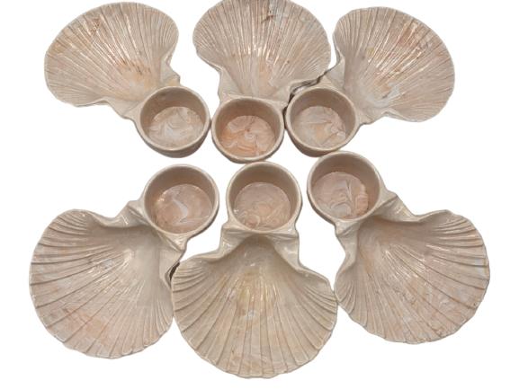 VINTAGE INDIVIDUAL SHRIMP SERVERS SET OF 6: VINTAGE INDIVIDUAL SHRIMP SERVERS SET OF 6 - 6" LONG X 1" HIGH- PALE PINK COMPOSITE MATERIAL WITH CLAMSHELL DESIGN- ATTACHED BOWL FOR COCKTAIL SAUCE- GOOD VINTAGE CONDITIONCOLLECTIBLE SERVEWARE; FINE