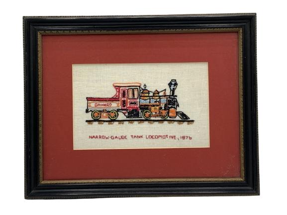 VINTAGE FRAMED LOCOMOTIVE EMBROIDERY 13.5" LONG: VINTAGE FRAMED LOCOMOTIVE EMBROIDERY 13.5" LONG - 13.5" LONG X 10.75" HIGH X 2" WIDE- NARROW GAUGE TANK LOCOMOTIVE 1876- GOOD CONDITION WITH NICE FRAMECOLLECTIBLE HOME DECOR; RUSTIC ART; NEEDLEPOINT &
