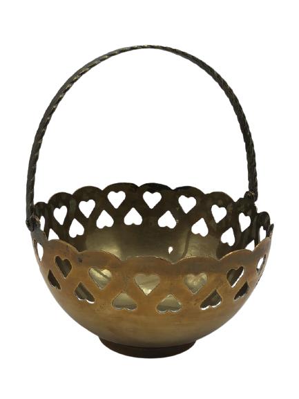 VINTAGE BRASS SMALL HANDLED BASKET 5.5" DIAMETER (1 of 5)