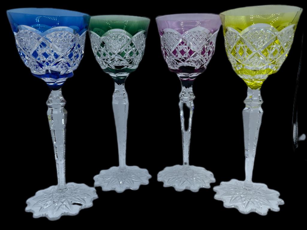 4 VTG ROEMAR WINE GLASSES CRYSTAL VAL ST LAMBERT: -COLORS FLOREAL -MUST BE PICKED UP BY APPOINTMENT IN LANTANA, FL. FRIDAY JUNE 25- SATURDAY 26 WITH 24 HRS CONFIRMED NOTICE-ANY ITEMS NOT PICKED UP AT THAT TIME WILL INCUR A $50 PER ITEM