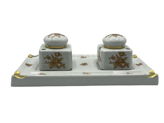 LIMOGES FRANCE DOUBLE PORCELAIN INKWELL AND BASE (1 of 9)