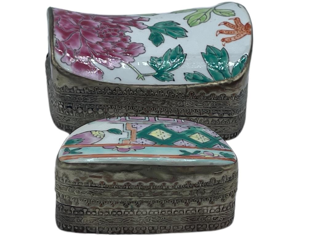 PAIR OF PAINTED ENAMEL AND SILVER VTG BOXES: -MUST BE PICKED UP BY APPOINTMENT IN LANTANA, FL. FRIDAY JUNE 25- SATURDAY 26 WITH 24 HRS CONFIRMED NOTICE-ANY ITEMS NOT PICKED UP AT THAT TIME WILL INCUR A $50 PER ITEM