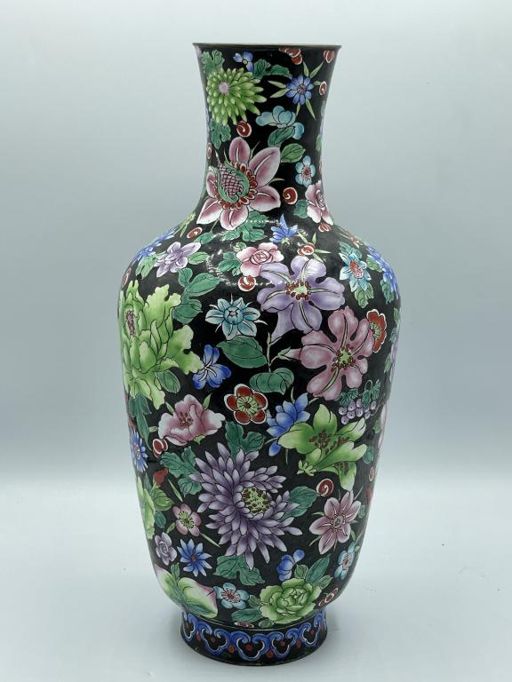 VINTAGE CLOISONNE BLACK ENAMEL & COPPER VASE 12" (1 of 6)