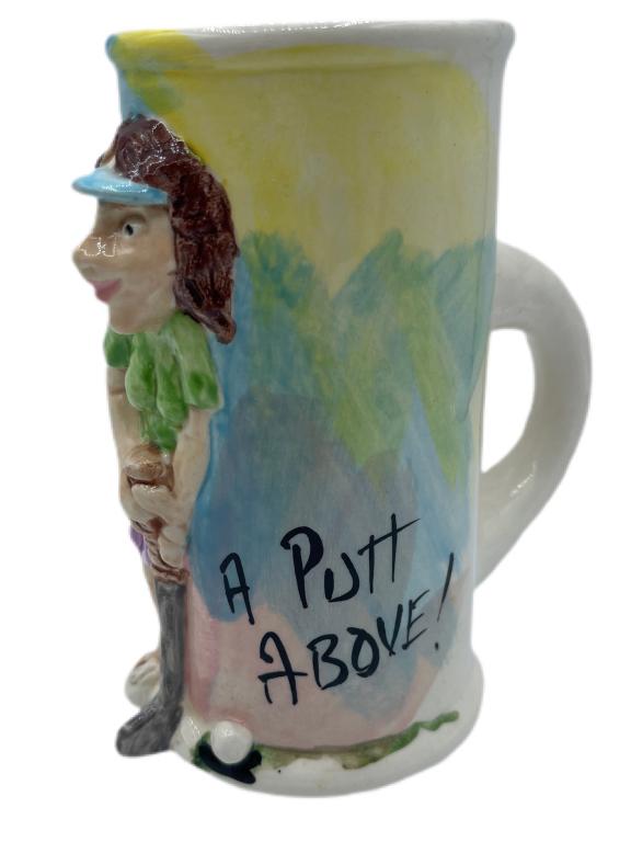 VTG SIGNED "A PUTT ABOVE" COFFEE CUP: "-MUST BE PICKED UP BY APPOINTMENT IN LANTANA, FL. FRIDAY JUNE 25- SATURDAY 26 WITH 24 HRS CONFIRMED NOTICE-ANY ITEMS NOT PICKED UP AT THAT TIME WILL INCUR A $50 PER ITEM"