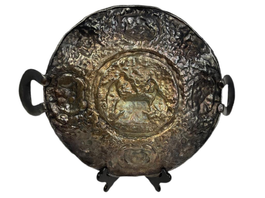 ANTIQUE ROUND SILVER METAL TWO HANDLE TRAY (1 of 1)