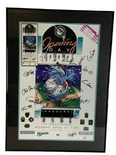 FLORIDA MARLINS INAUGURAL GAME POSTER W AUTOGRAPHS: 1993 FLORIDA MARLINS INAUGURAL GAME POSTER W AUTOGRAPHS, TICKET STUBS AND COLLECTIBLE ENAM PINS MARLINS VS DODGERS APRIL 5 1993 90'S SPORTS COLLECTIBLE MEMORABILIA MLB MAJOR LEAGUE BASEBALL FANS MANTI