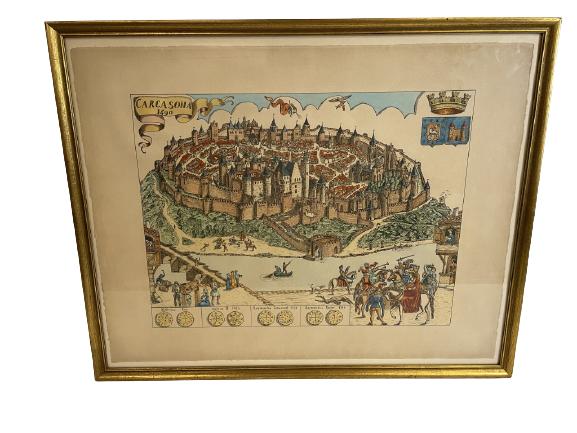 ANTIQUE COLORED ENGRAVING CARCASONA 1490 28" (1 of 2)