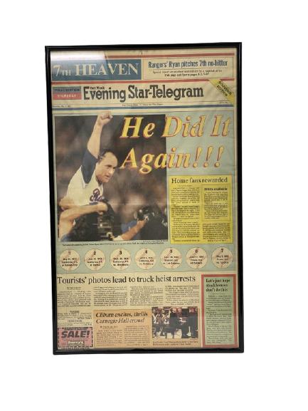 VINTAGE NOLAN RYAN NO HITTER NEWSPAPER FRAMED 23" (1 of 2)