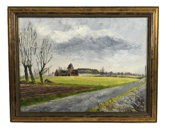 VINTAGE MID CENTURY STYLE LANDSCAPE PAINTING 18.5" (1 of 2)