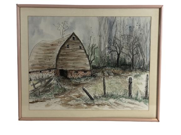 VINTAGE PEN & INK LANDSCAPE PAINTING / DRAWING (1 of 2)
