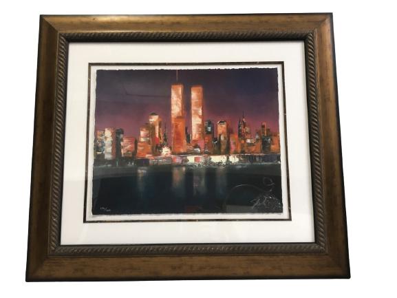 VICTOR SPAHN NEW YORK LA NUIT FRAMED PRINT 34": VICTOR SPAHN NEW YORK LA NUIT FRAMED SERIAGRAPH PRINT OF NEW YORK CITY NYC SKYLINE PRE 9/11 INCLUDING THE TWIN TOWERS-29.5" X 34" APPROX-386/450-VERY GOOD CONDITION-DP11162020New York La Nuit by Victo