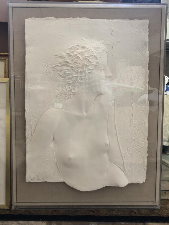 AFTER FRANK GALLO EMBOSSED FIGURAL PRINT 40": AFTER FRANK GALLO LARGE WHITE EMBOSSED PAPER FIGURAL NUDE WOMAN BEHIND PLEXIGLASS 2D FRAME DISPLAY WALL ART FRAMED -EDITION 29/200-40" X 30" APPROX-VERY GOOD CONDITION-DP11172020
