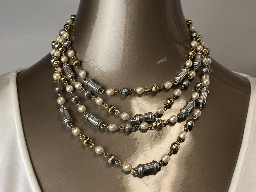 VTG TRIPLE STRAND GOLD, SILVER & PEARL CHOKER 36": VTG TRIPLE STRAND GOLD, SILVER & PEARL CHOKER 36" - VERY GOOD CONDITIONWOMEN'S CASUAL JEWELRY & ACCESSORIES; HIGH FASHION ACCESSORY; FASHION STYLES & TRENDSBC061821