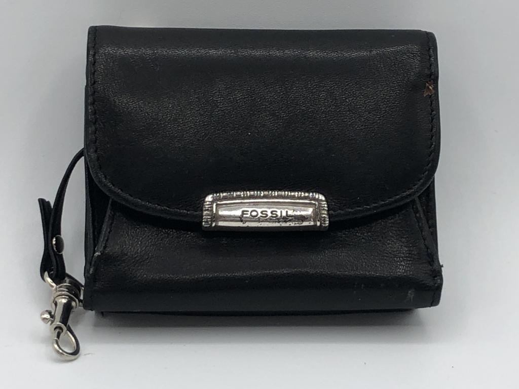 VINTAGE FOSSIL BLACK LEATHER WALLET 4" (1 of 4)
