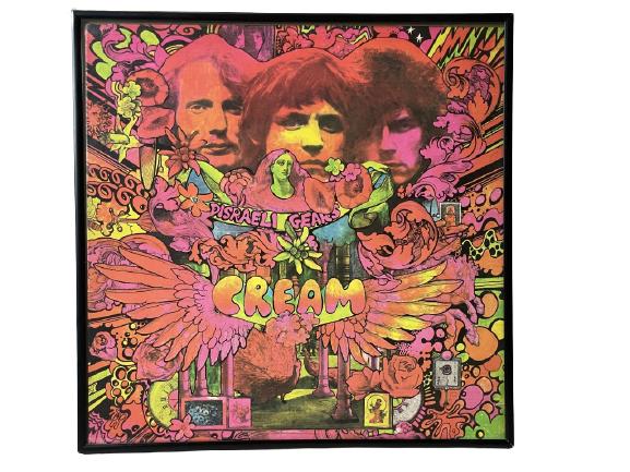1967 CREAM "DISRAELI GEARS" FRAMED VINYL RECORD: VINTAGE 1967 CREAM ERIC CLAPTON "DISRAELI GEARS" (PSYCHEDELIC DAY GLOW ART BY MARTIN SHARP) FRAMED VINYL RECORD ALBUM COLLECTIBLE MUSIC MEMORABILIA ROCK & ROLL RECORDS WALL ART -NOT EXAMINED OUTSIDE O