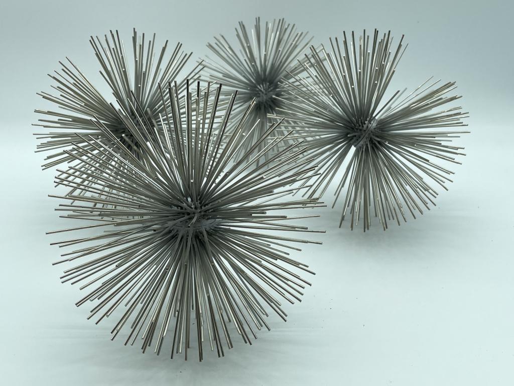 MODERN CURTIS JERE STYLE SPUTNIK SCULPTURES 6": SET OF 3 MODERN CURTIS JERE STYLE SPUTNIK SPHERE SCULPTURES / TABLE CENTERPIECE -6" EACH DIAMETER-NOT MARKED - VERY GOOD CONDITION CONSISTENT WITH AGE, WEAR CONSISTENT WITH AGE, SEE PHOTOS-DP7221