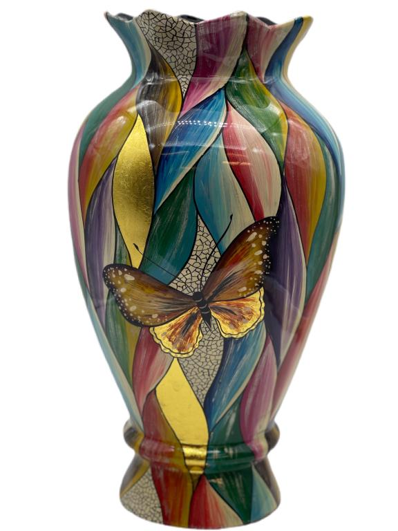 VTG TALL COLORFUL BUTTERFLY VASE 18": VTG TALL COLORFUL BUTTERFLY VASE 18" -LIGHT COMPOSITE MATERIAL-MADE IN VIET NAM