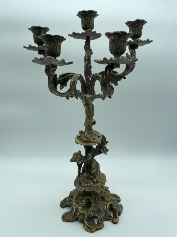 VINTAGE DECO STYLE CANDELABRA 18": VINTAGE DECO STYLE CANDELABRA-18" X 10" X 8" APPROX- VERY GOOD CONDITION CONSISTENT WITH AGE, WEAR CONSISTENT WITH AGE, SEE PHOTOS-DP7121