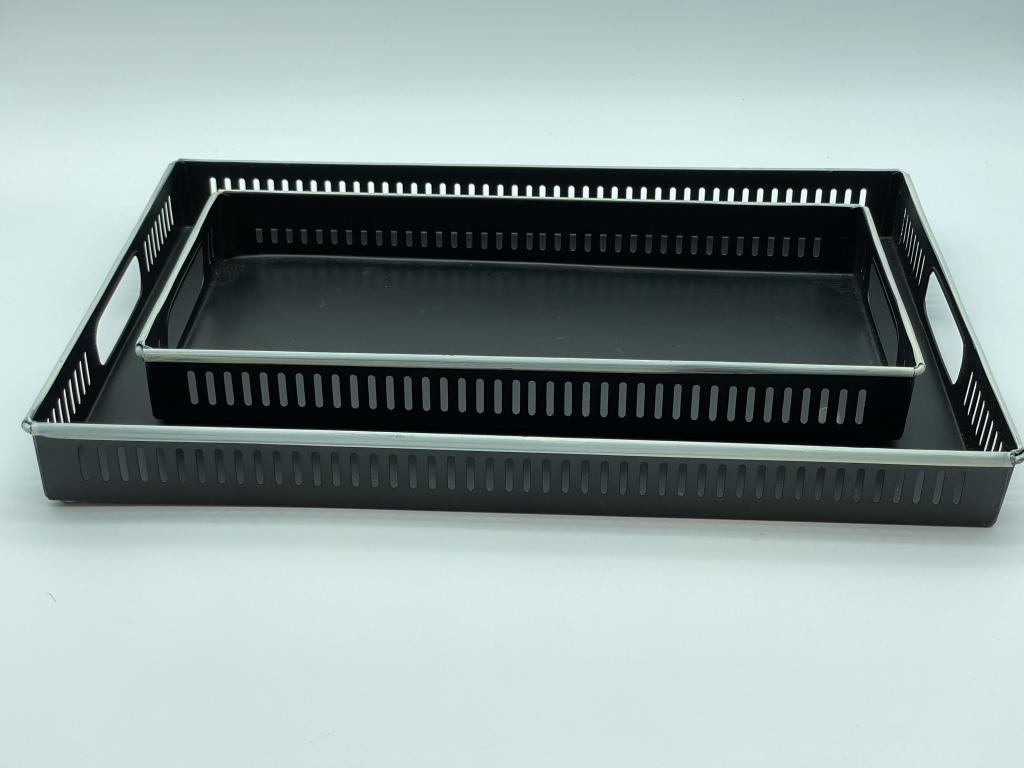 PAIR OF BLACK METAL DESK STATIONARY TRAYS: PAIR OF BLACK METAL HEARTH AND HAND DESK STATIONARY TRAYS | RETRO VINTAGE STYLE HOME OFFICE DESK WORK TABLE ACCESSORIES-2"X 7" X 12" APPROX TO BIGGEST - VERY GOOD CONDITION CONSISTENT WITH AGE, WEAR C