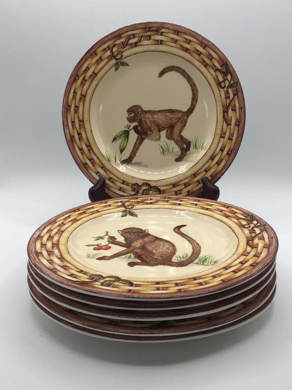 SET/6 VTG AMERICAN ATELIER MONKEY SALAD PLATES 8": SET/6 VTG AMERICAN ATELIER MONKEY SALAD PLATES 8" - 8" DIAMETER SALAD, DESSERT OR LUNCHEON PLATES- PLATES HAVE DIFFERENT MONKEYS- VERY GOOD VINTAGE CONDITION - NO CHIPS OR CRACKSCOLLECTIBLE CHINA & PO