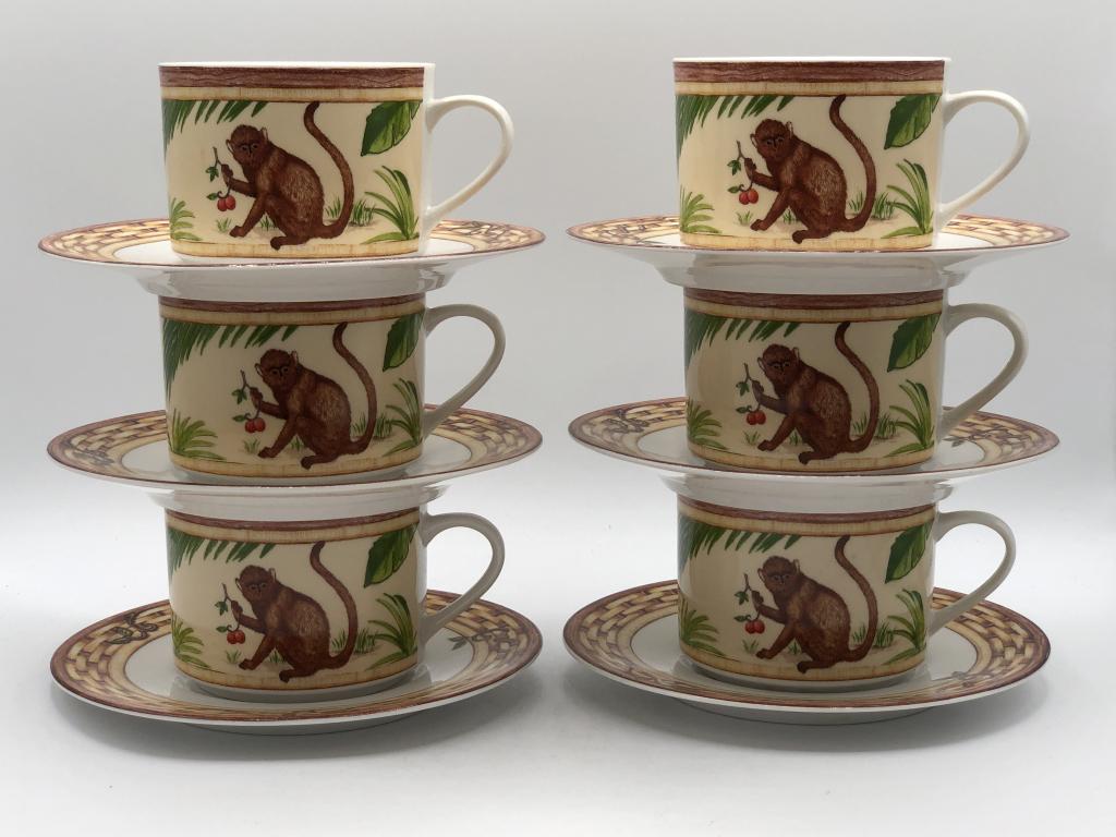 SET/6 VTG AMERICAN ATELIER MONKEY CUPS & SAUCERS: SET/6 VTG AMERICAN ATELIER MONKEY CUPS & SAUCERS - CUPS ARE 3.5" X 2.5"- SAUCERS ARE 6.5" DIAMETER- VERY GOOD VINTAGE CONDITION - NO CHIPS OR CRACKSCOLLECTIBLE CHINA & PORCELAIN; FINE DINING & ENTERTA