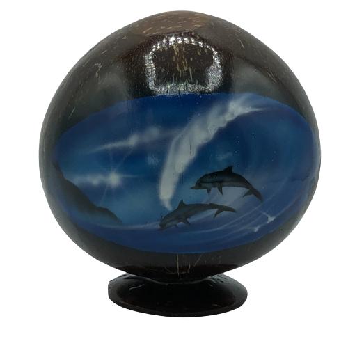 VINTAGE DECORATIVE FOOTED WOOD BALL W/DOLPHINS: VINTAGE DECORATIVE FOOTED WOOD BALL W/DOLPHINS - DARK WOOD WITH PAINTED OCEAN & DOLPHINS SCENE- GOOD VINTAGE CONDITIONCOLLECTIBLE HOME DECOR; TROPICAL DECOR; COLLECTIBLE SEA LIFE DECOR- BC070321