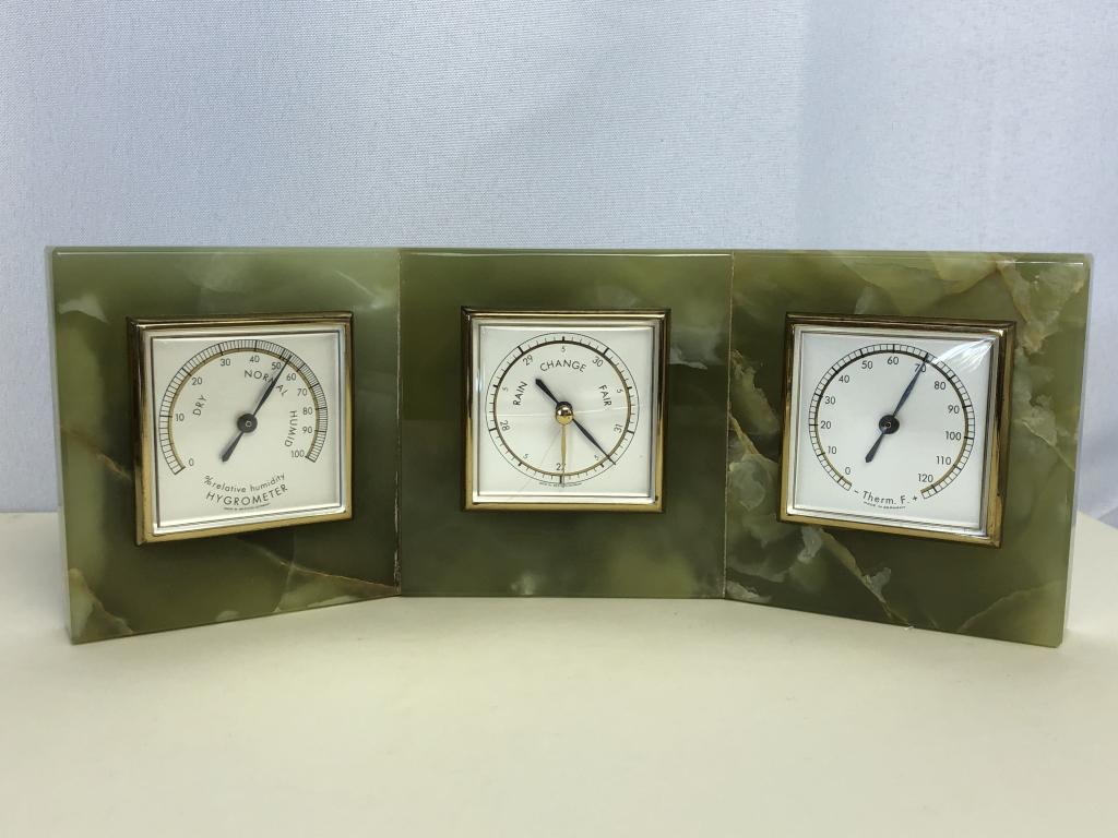 VTG 1945 MARK CROSS JADE BAROMETER/HYGROMETER: VTG 1945 MARK CROSS JADE BAROMETER/HYGROMETER - VINTAGE JADE TABLETOP BAROMETER, HYGROMETER AND THERMOMETER (ALL ONE PIECE)- ONE CRACK ON CENTER DIAL COVER- SIGNED "MARK CROSS" ON BACK- WORKING CONDIT
