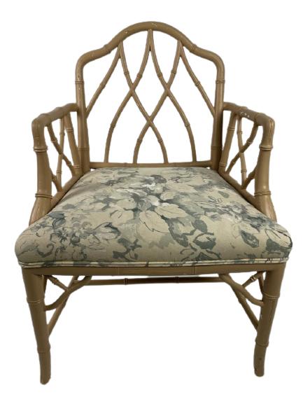 MID CENTURY FAUX BAMBOO CHIPPENDALE CHINESE CHAIR: MID CENTURY MODERN FAUX BAMBOO CHIPPENDALE CHINESE CHAIR | MID MOD HOME DECOR - 37" X 24" X 22"-NOT MARKED-GOOD CONDITION, PAINT PEELING, WEAR-DP7621