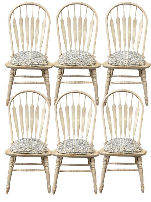 SET OF 6 FRENCH FARMHOUSE STYLE WOOD DINING CHAIRS: SET OF 6 FRENCH FARMHOUSE STYLE WOOD DINING CHAIRS-41" X 14" X 19" EACH APPROX-VERY GOOD CONDITION, CONDITION CONSISTENT WITH AGE AND USE, LIGHT WEAR-DP71321