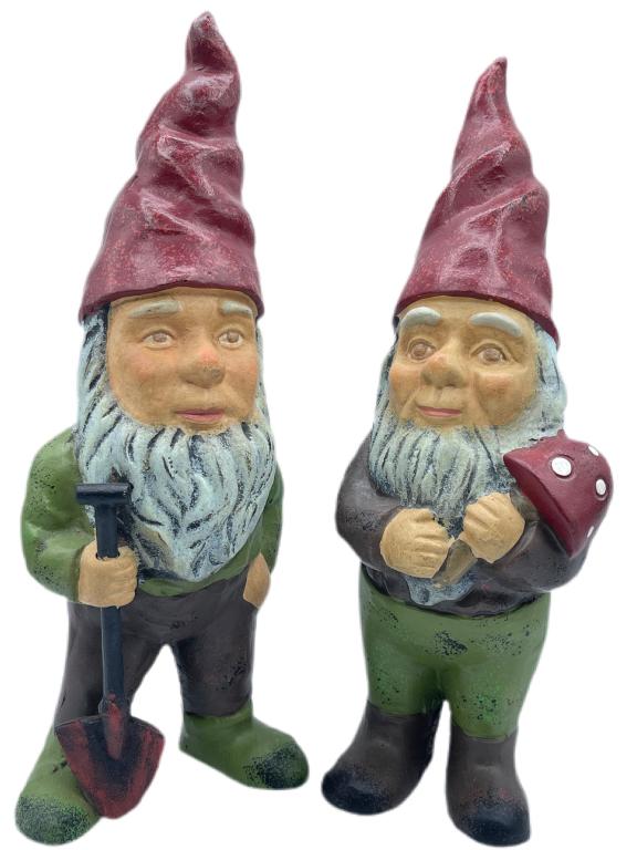 PAIR OF VINTAGE METAL HAND DECORATED KNOMES: PAIR OF VINTAGE METAL HAND DECORATED KNOMES
